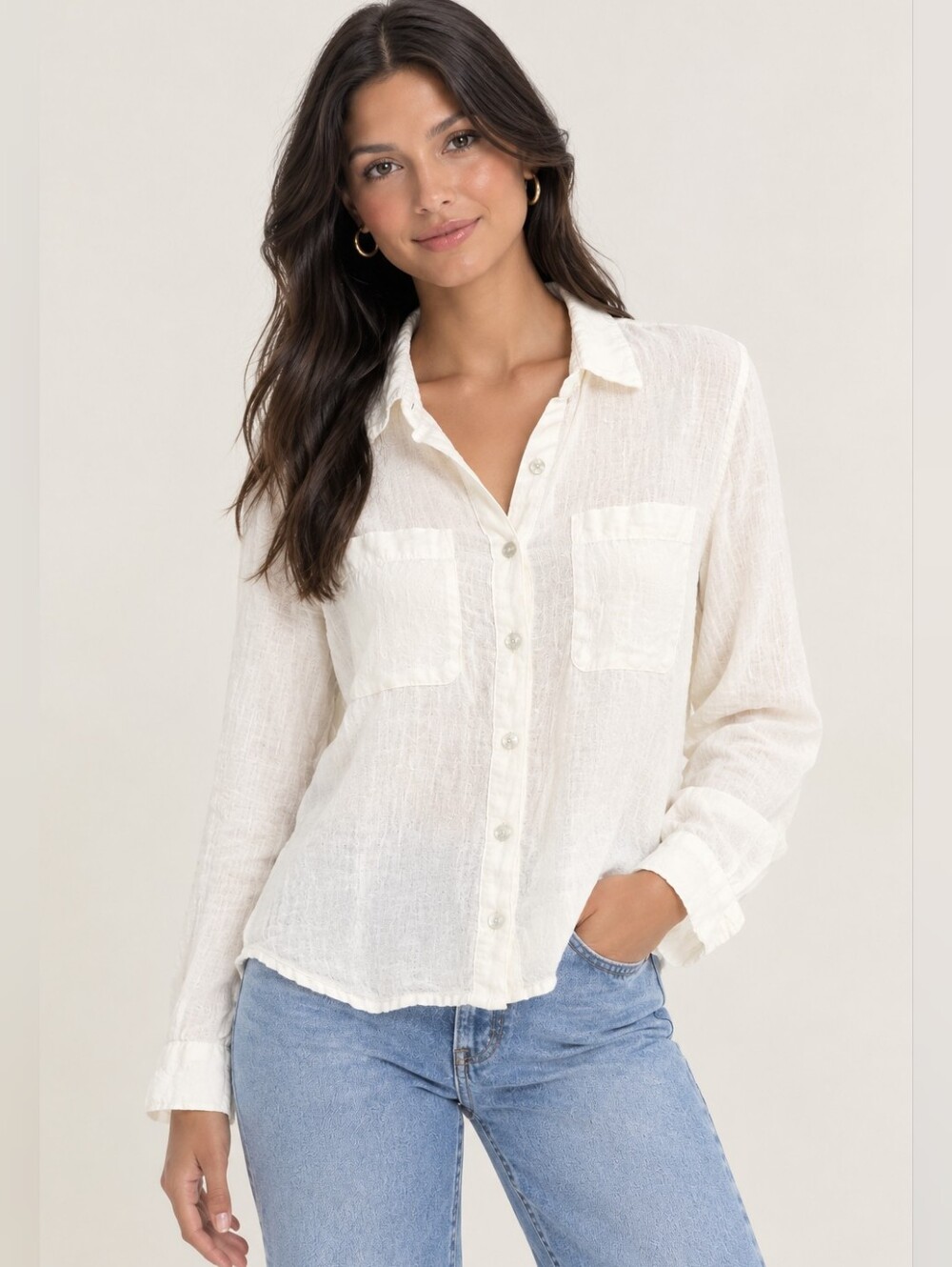 RACHEL Zoe 100% Linen Button-up Shirt Sz M Cream Classic Relaxed Fit